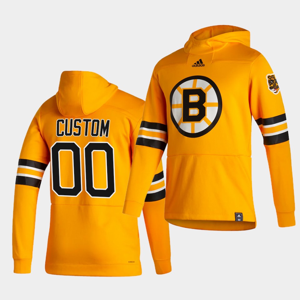 Men Boston Bruins #00 Custom Yellow NHL 2021 Adidas Pullover Hoodie Jersey